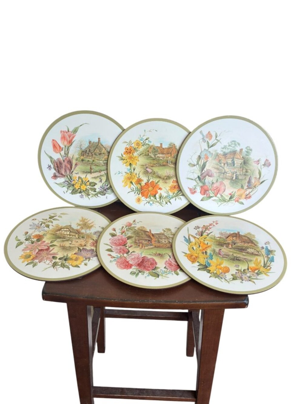 VINTAGE Pimpernel Cottage Cameos Boxed Set 6 Round Placemats Tulip Floral Cork B